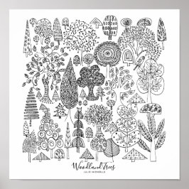 Illustratie van bosbomen in zwart-wit poster