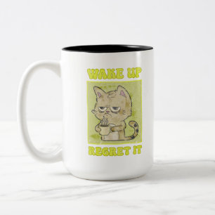 Illustratie van chagrijnige kat - Wakker worden en Tweekleurige Koffiemok
