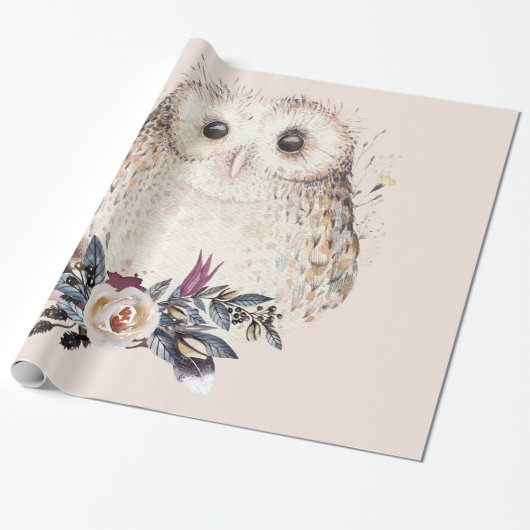 Illustratie van Chic Pastel Flower Owl Animal Boho Cadeaupapier (Uitgerold)