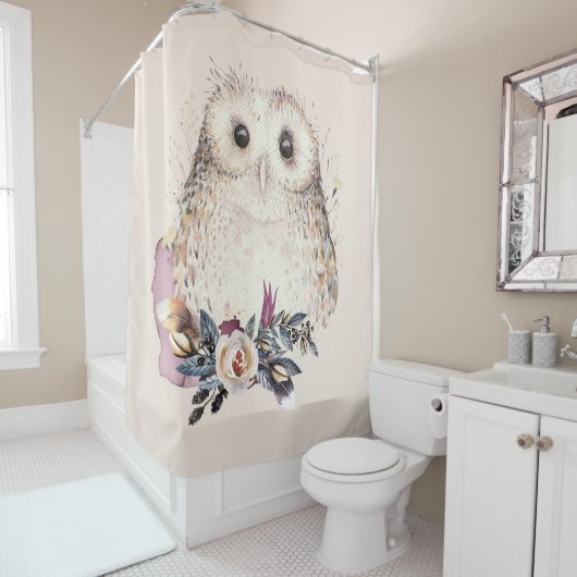 Illustratie van Chic Pastel Flower Owl Animal Boho Douchegordijn (In situ)
