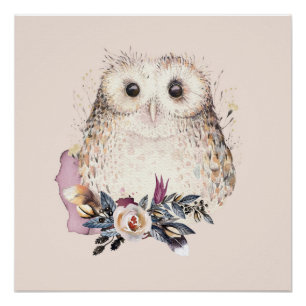 Illustratie van Chic Pastel Flower Owl Animal Boho Poster
