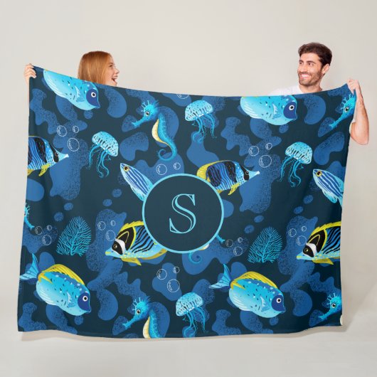 Illustratie van de blauwgele tropische visserij fleece deken (In situ)