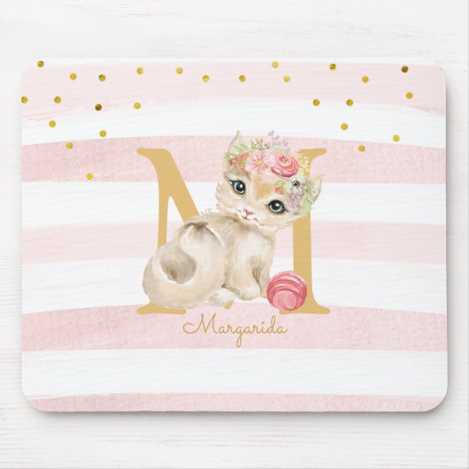 Illustratie van de Cute Cat White Pink Stripes Kin Muismat (Voorkant)