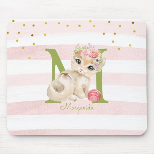 Illustratie van de Cute Cat White Pink Stripes Kin Muismat (Voorkant)