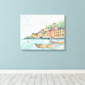 Illustratie van de haven van Porofino Canvas Afdruk (Insitu (Houten vloer))