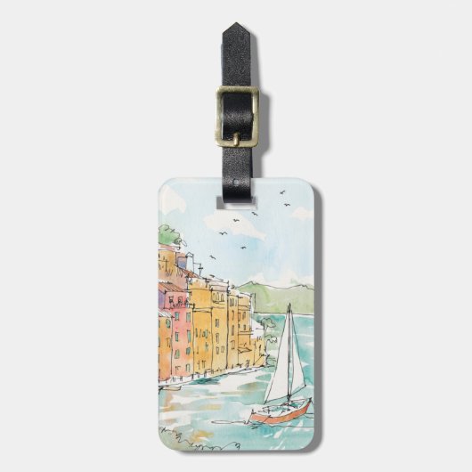 Illustratie van de haven van Porofino met zeilboot Bagagelabel (Voorkant verticaal)