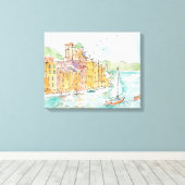 Illustratie van de haven van Porofino met zeilboot Canvas Afdruk (Insitu (Houten vloer))
