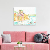 Illustratie van de haven van Porofino met zeilboot Canvas Afdruk (Insitu (Woonkamer))