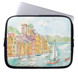 Illustratie van de haven van Porofino met zeilboot Laptop Sleeve
