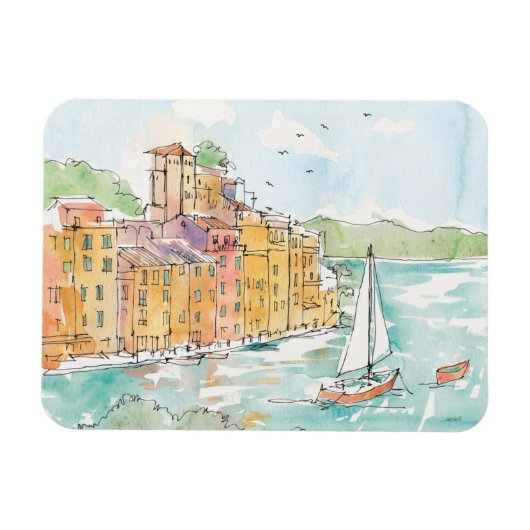 Illustratie van de haven van Porofino met zeilboot Magneet (Horizontaal)