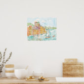 Illustratie van de haven van Porofino met zeilboot Poster (Keuken)