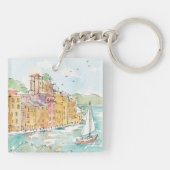 Illustratie van de haven van Porofino met zeilboot Sleutelhanger (Achterkant)