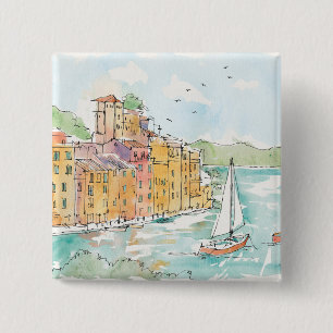 Illustratie van de haven van Porofino met zeilboot Vierkante Button 5,1 Cm