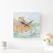 Illustratie van de haven van Porofino met zeilboot Vierkante Klok (Huis)