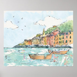 Illustratie van de haven van Porofino Poster
