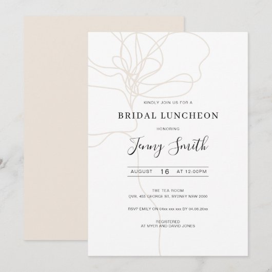 Illustratie van de lijnkunstbridal luncheon-uitnod kaart (Voorkant / Achterkant)