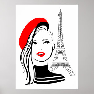 illustratie van de mode franse vrouw in rode beret poster