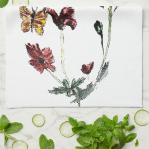 Illustratie van de papaverbloemen van de vlinder theedoek