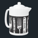 Illustratie van de retrospectieve snijkunst theepot<br><div class="desc">Stijlvol en uniek zwart-wit ontwerp van retro geïllustreerde messenmakerswerk op kleine theepot.</div>