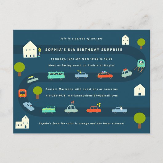 Illustratie van de spotprent "Car Birthday Parade" Briefkaart (Voorkant)