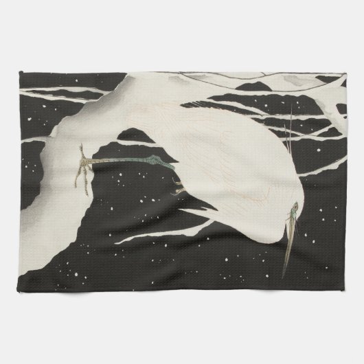  illustratie van de witte heronvogel sneeuwwinter theedoek (Horizontaal)