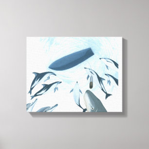 Illustratie van dolfijnen die naar een boot kijken canvas afdruk