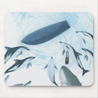 Illustratie van dolfijnen die naar een boot kijken muismat