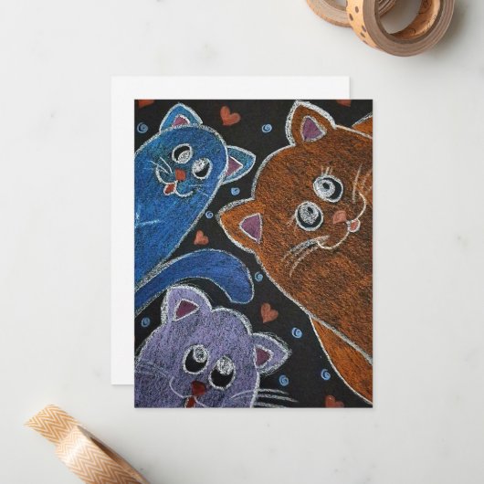 Illustratie van drie katten notitiekaartje (Voorkant / Achterkant in situ)