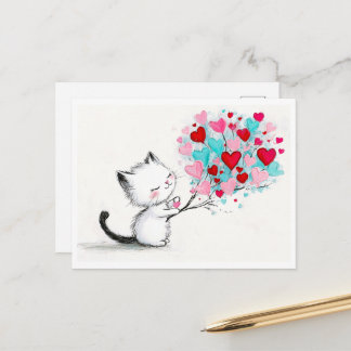 Illustratie van een aanbiddelijk katje met harten briefkaart
