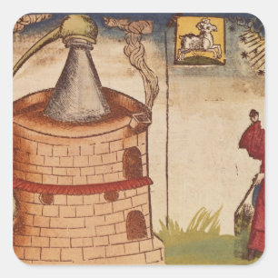 Illustratie van een alchemicus op het werk vierkante sticker