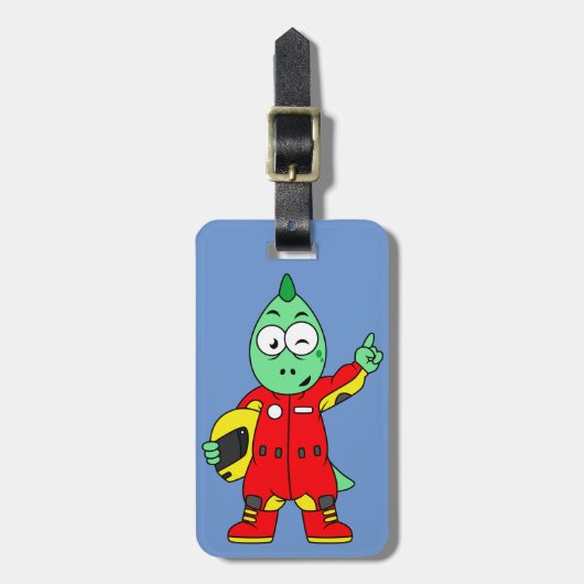 Illustratie van een Allosaurus autocoureur. Bagagelabel (Voorkant verticaal)