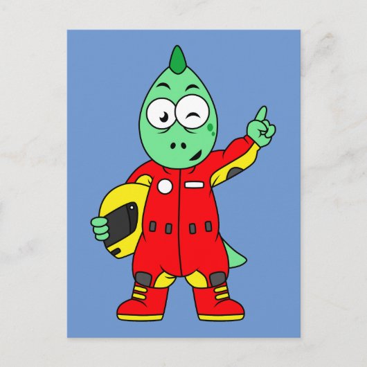 Illustratie van een Allosaurus autocoureur. Briefkaart (Voorkant)