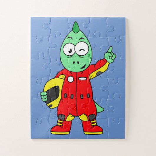 Illustratie van een Allosaurus autocoureur. Legpuzzel (Verticaal)