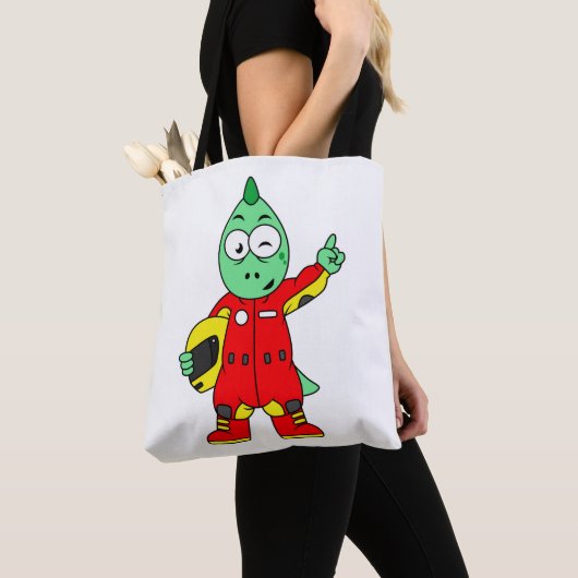 Illustratie van een Allosaurus autocoureur. Tote Bag (Dichtbij)