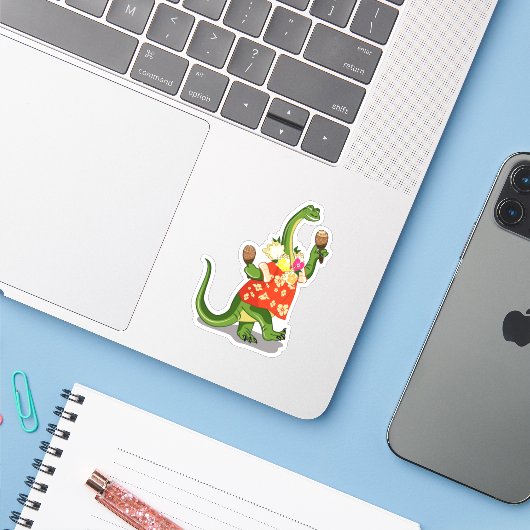 Illustratie van een brontosaurus die Maracas speel Sticker (Laptop met iPhone)
