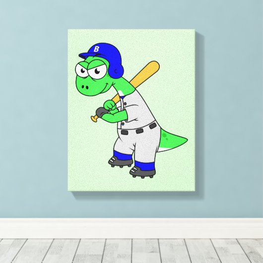 Illustratie van een brontosaurus-honkbalspeler. canvas afdruk (Insitu (Houten vloer))