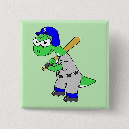 Illustratie van een brontosaurus-honkbalspeler. vierkante button 5,1 cm (Voorkant)