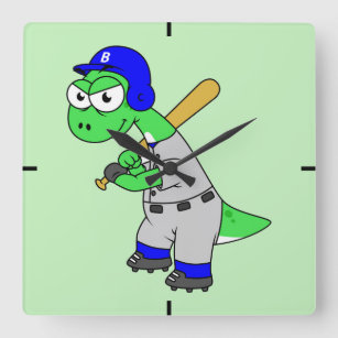 Illustratie van een brontosaurus-honkbalspeler. vierkante klok