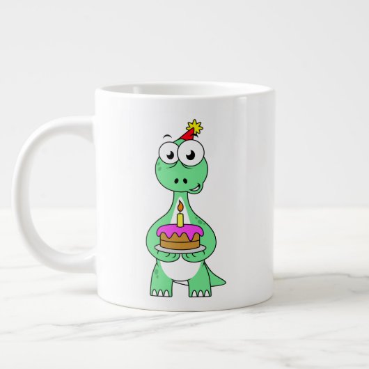 Illustratie van een brontosaurus met verjaardagsta grote koffiekop (Links)