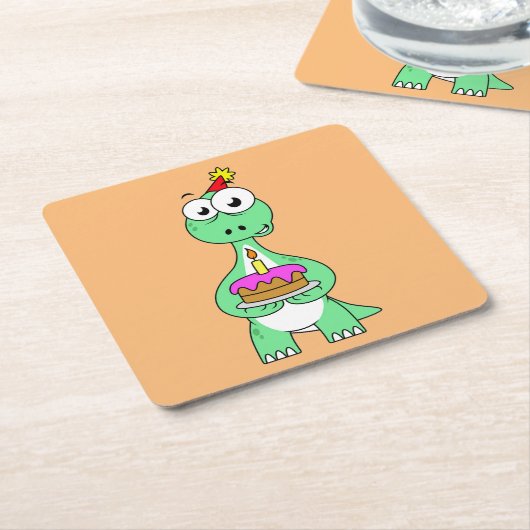 Illustratie van een brontosaurus met verjaardagsta kartonnen onderzetters (Schuin)