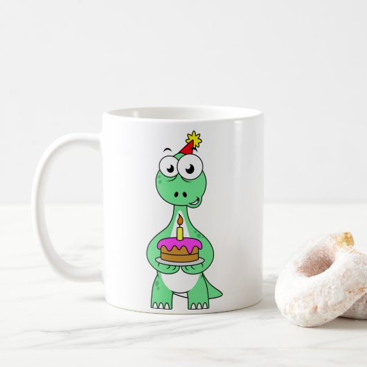 Illustratie van een brontosaurus met verjaardagsta koffiemok (Met donut)