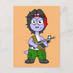 Illustratie van een brontosaurus verkleed als Ramb Briefkaart