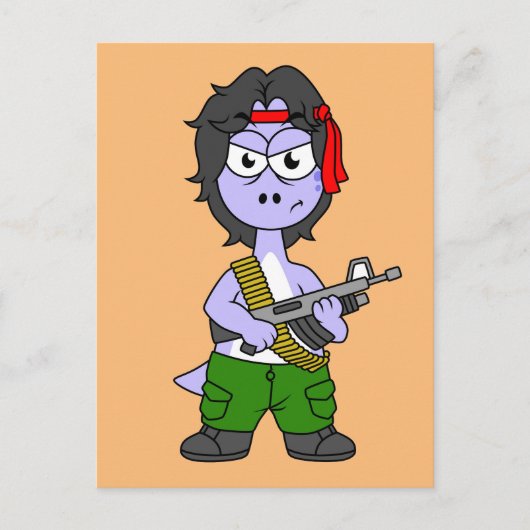 Illustratie van een brontosaurus verkleed als Ramb Briefkaart (Voorkant)