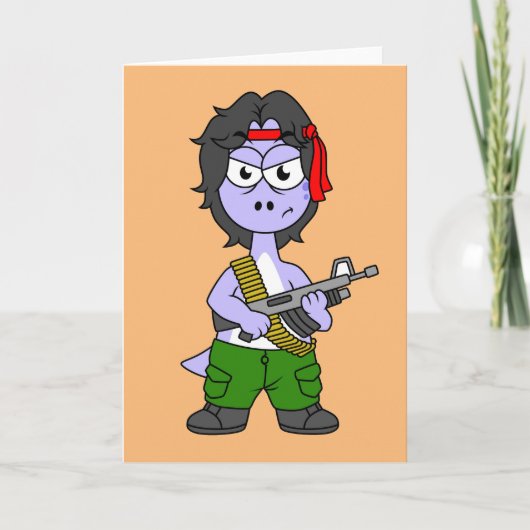 Illustratie van een brontosaurus verkleed als Ramb Kaart (Voorkant)