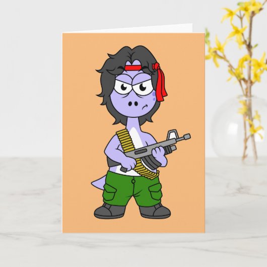 Illustratie van een brontosaurus verkleed als Ramb Kaart (Gele Bloem)