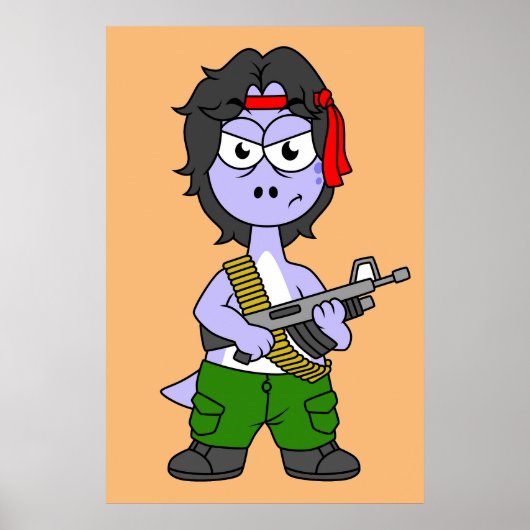 Illustratie van een brontosaurus verkleed als Ramb Poster (Voorkant)