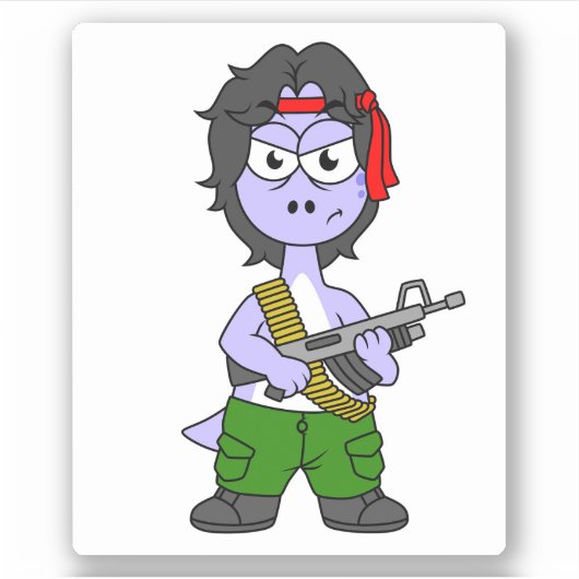 Illustratie van een brontosaurus verkleed als Ramb Sticker (Voorkant)