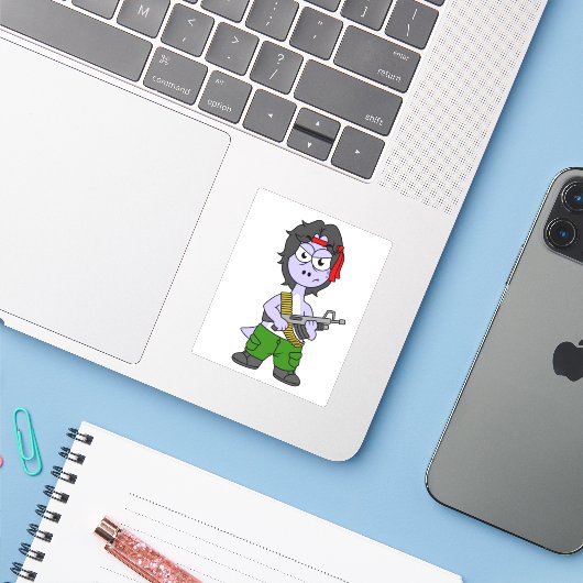 Illustratie van een brontosaurus verkleed als Ramb Sticker (Laptop met iPhone)