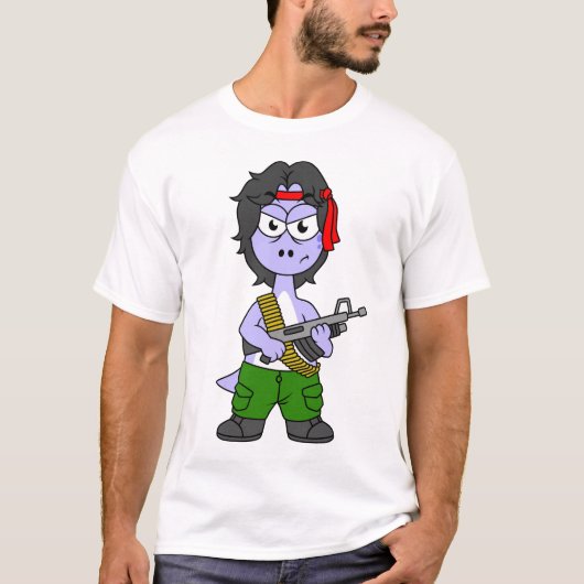 Illustratie van een brontosaurus verkleed als Ramb T-shirt (Voorkant)