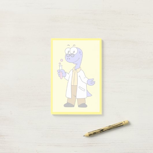 Illustratie van een brontosauruschemicus. post-it® notes (Op bureau)